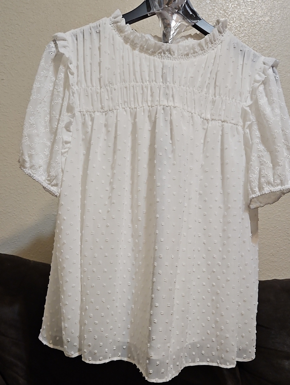 White Swiss Dot Smocked Yoke Women's Top